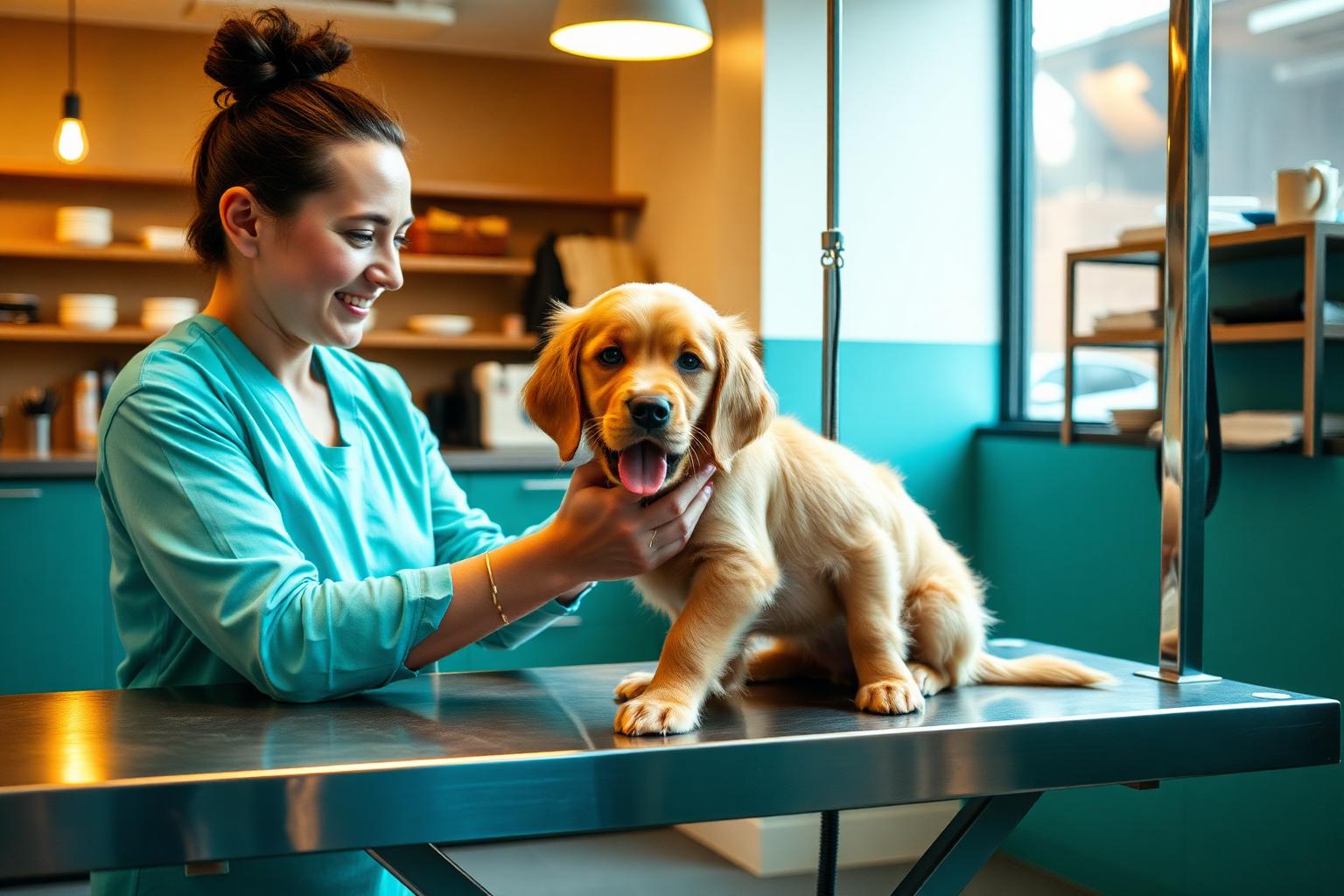 Pet shop premium: groomer atendendo filhote em mesa de tosa profissional